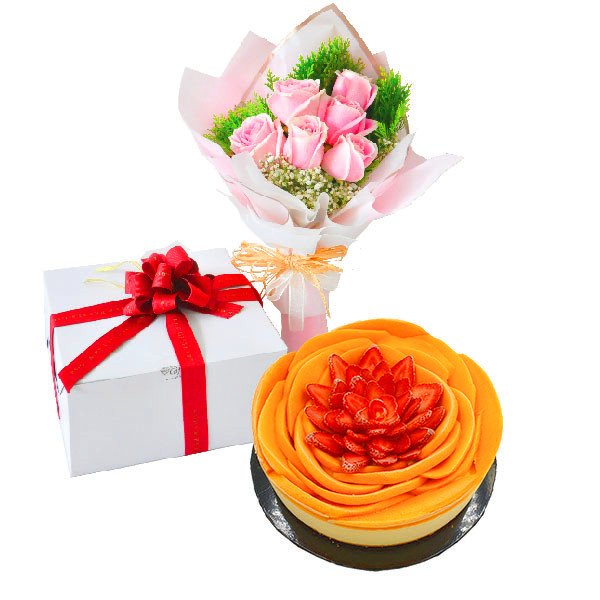 Vegan Cake Delivery KL - Cake Flower Combo - Berry Peachy Mango Cheese, Vegetarian | FruitoGift