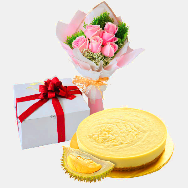 Vegan Cake Delivery KL - Cake Flower Combo - Golden Durian, Vegetarian | FruitoGift