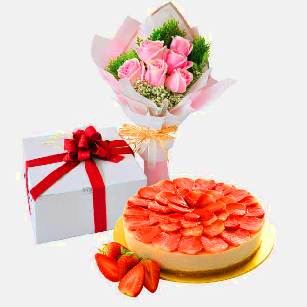 Vegan Cake Delivery KL PJ Klang valley - Cake Flower Combo - Strawberry Cheese, Vegetarian | FruitoGift