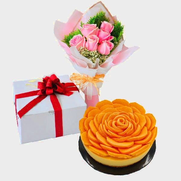 Vegan Cake Delivery Klang valley - Cake Flower Combo - Peachy Mango Cheese, Vegetarian | FruitoGift
