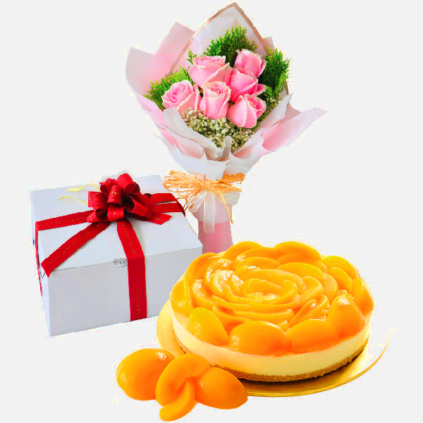 Vegan Cake Delivery Klang valley - Cake Flower Combo - Peachy Rich Cheese, Vegetarian | FruitoGift